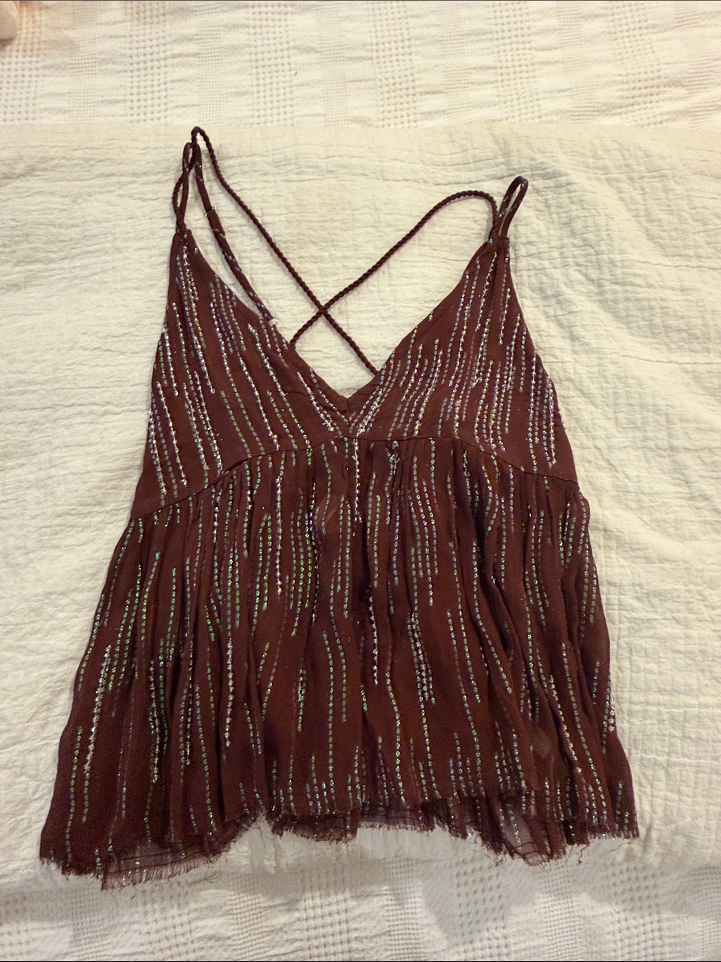 Sequin-Striped Brown Crisscross Spaghetti Cami